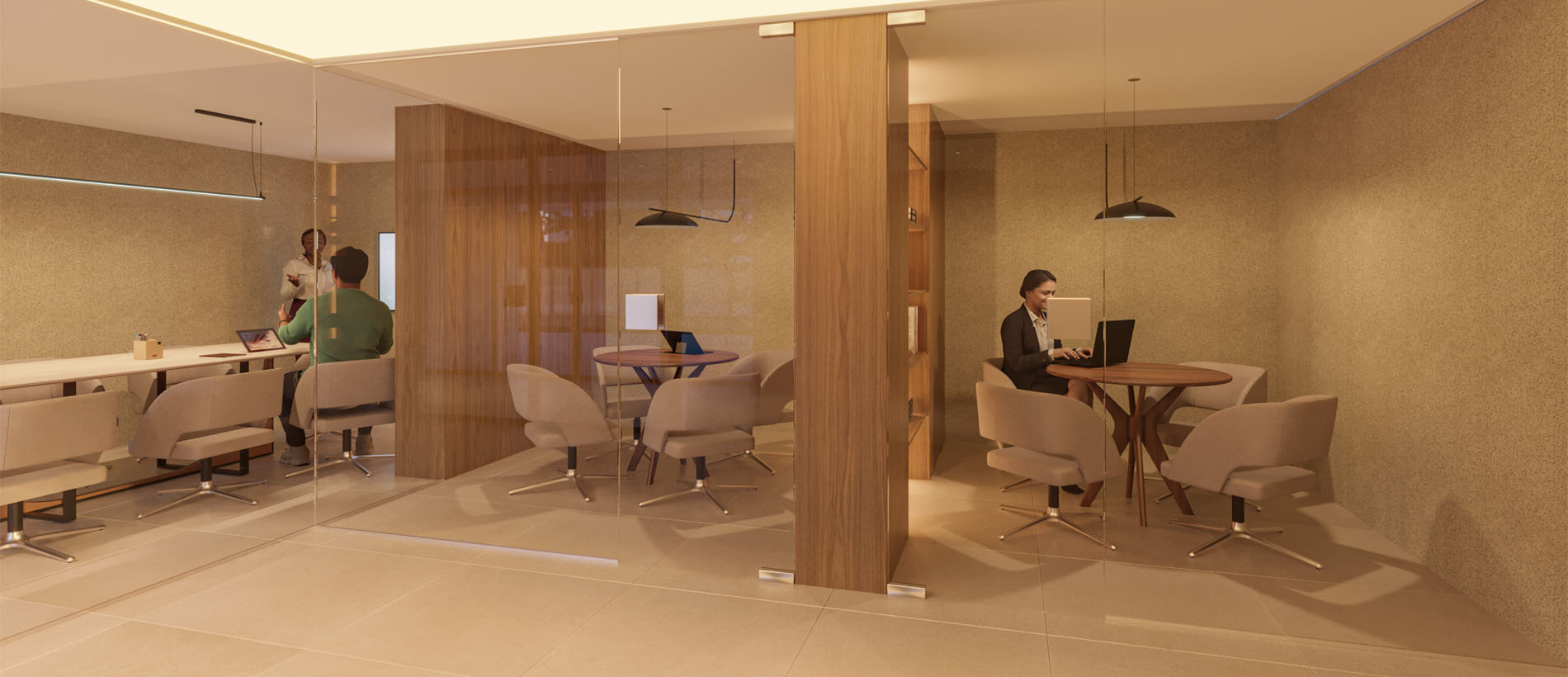 Espaço de coworking com sala de reuniões