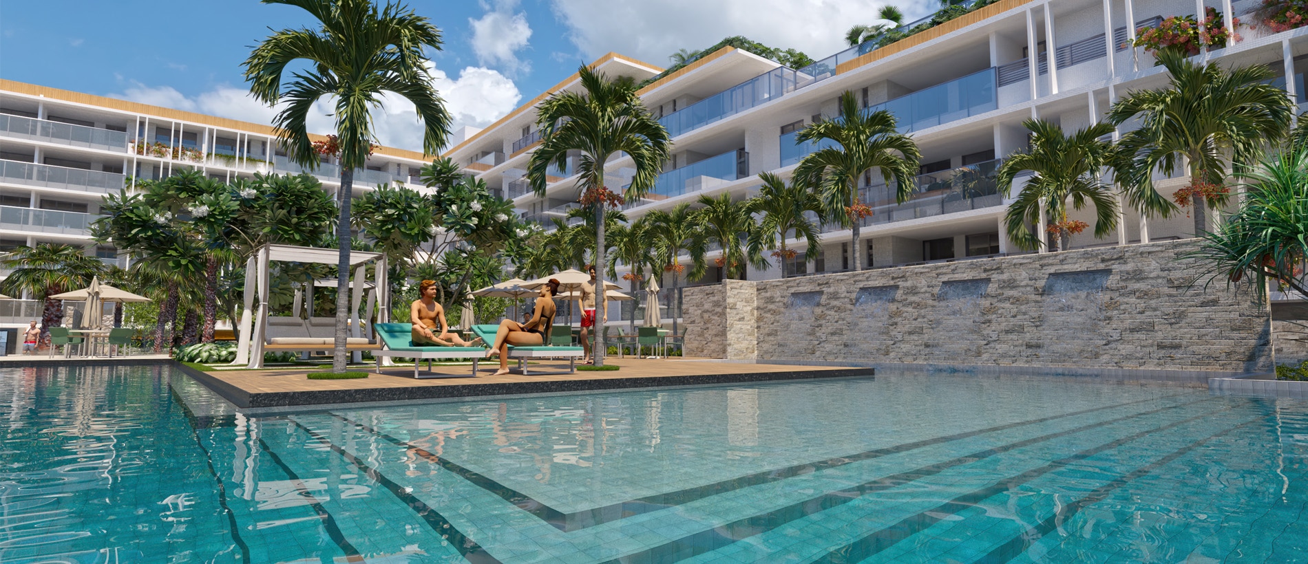 Piscina com deck de apoio e vista para o edifício